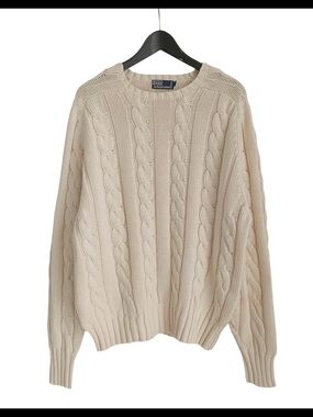 VTG 90s Polo Ralph Lauren Cream Cotton Cable Knit Crew Sweater L